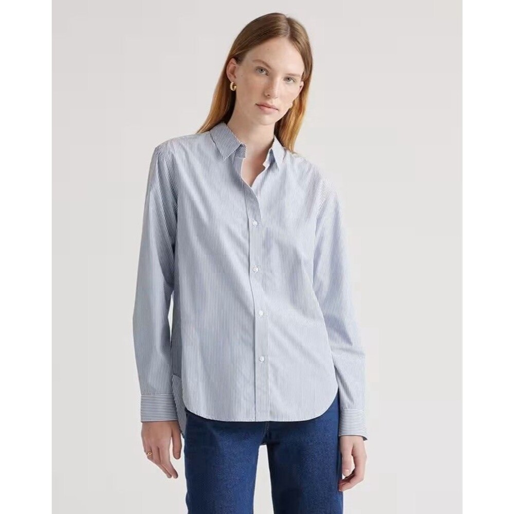 Quince 100% Organic Cotton Poplin Long Sleeve Shirt Blue Stripes Large Timeless